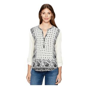 Lucky Brand Henley Shirt Black White Paisley Printed Pattern Long Sleeve S
